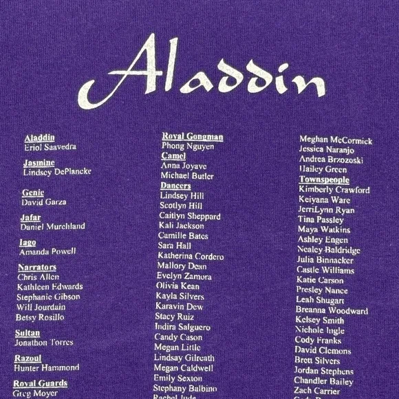 Vintage Anvil Aladdin Movie Cast Crew T-Shirt Purple Mens XL Disney - Picture 9 of 12
